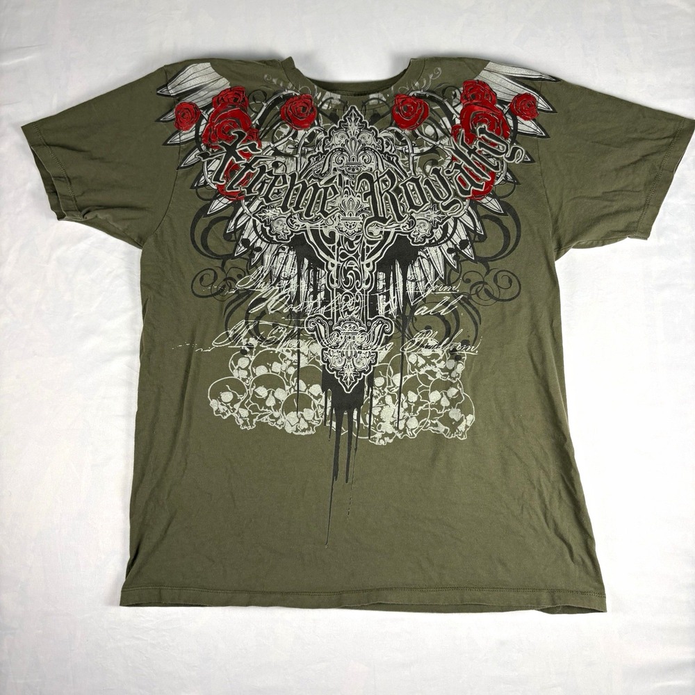 Chemistry Brand Men's Graphic T-Shirt Sz L Olive Skulls Roses Y2K Streetwear